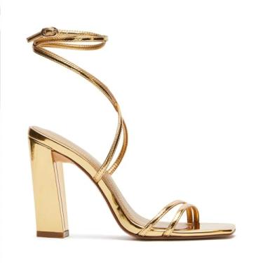 Imagem de ZJGZF Sandálias femininas elegantes de salto alto com tiras douradas, bico aberto, sexy, salto metálico, sapatos de casamento, Dourado, 35