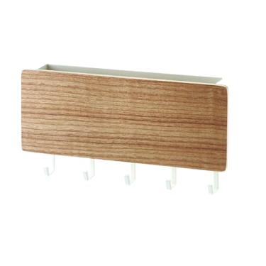 Imagem de Porta-chaves de madeira Organizador de correio Montado na parede Prateleira de armazenamento de porta-chaves com 5 ganchos para entrada Corredor Home Office ABS e material de (Cor Madeira)