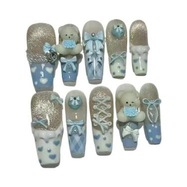 Imagem de Unhas Postiças Rosa Com Ursinho De Pelúcia, Pérolas E Corações Brilhan