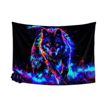 Imagem de Tapeçaria Totem De Lobo Neon VIKAMA: Decoração Moderna Para Quarto, Sa