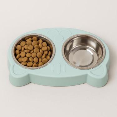 Imagem de Comedouro Duplo PET para Cães e Gatos Tigelas em Inox Removíveis 34ml 