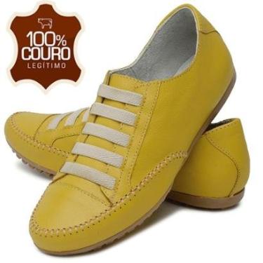 Imagem de Sapatenis Feminino Tênis Sapatilha Mocassim Mocatênis Couro Amarelo-Feminino