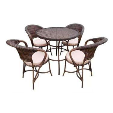 Imagem de 4 Cadeiras E 1 Mesa Redonda Para Área Externa Jardim Em Fibra Sintétic