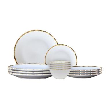 Imagem de Jogo 12 Pratos Raso 12 Fundos 12 Sobremesa 12 Bowls Borda Bambu Cerâmica 1ª Linha Scalla