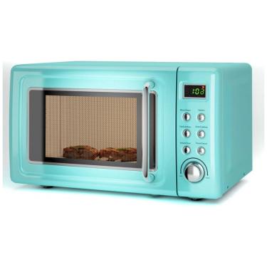 Imagem de Forno micro-ondas de bancada LDAILY retrô verde, 700W, 5 níveis de potência, menus automáticos, prato giratório, trava de segurança