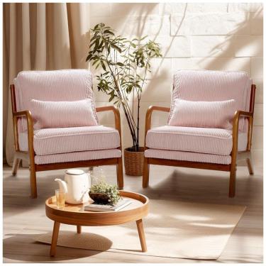 Imagem de Cadeiras decorativas FLEXISPOT AC1 kit com 2 poltronas em veludo cotelê rosa, estrutura em madeira maciça, estilo mid-century