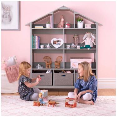 Imagem de Estante-casa de bonecas infantil Martha Stewart Kids’ Deluxe Dollhouse Bookcase cinza em madeira com 10 nichos e bins de tecido