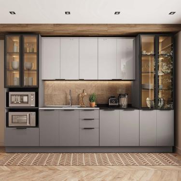 Imagem de Cozinha 6 Peças com Paneleiro para Forno e Micro-ondas com Iluminação e Vidro Fumê Lumina Cinza