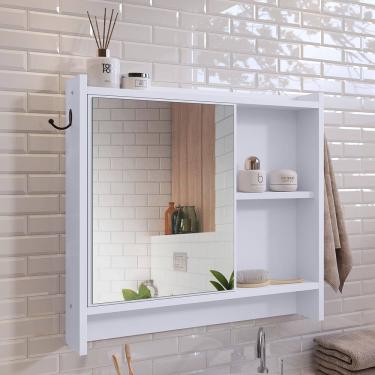 Imagem de Espelheira Genova Armário Suspenso Gancho Prateleira Organizadora Armarinho Banheiro Branco - Lojas RPM