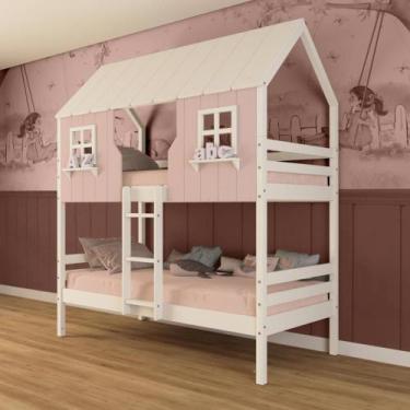 Imagem de Beliche Casinha Encantada Madeira Maciça Rosa/ Branco Megamobilia - Me