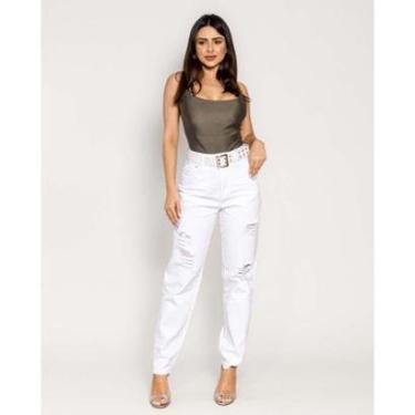 Imagem de CALÇA FEMININA MOM 101 VIBES BRANCA RASGADA COM CINTO-Feminino