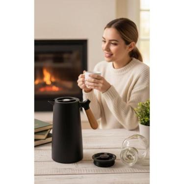 Imagem de 2x Garrafa Térmica Café Chá 1L Cabo Madeira Preta Isolada - Congratula