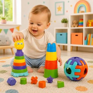 Imagem de 3 Brinquedos Educativos Mega Kit Didático Ursinho Torre e Bola para Be