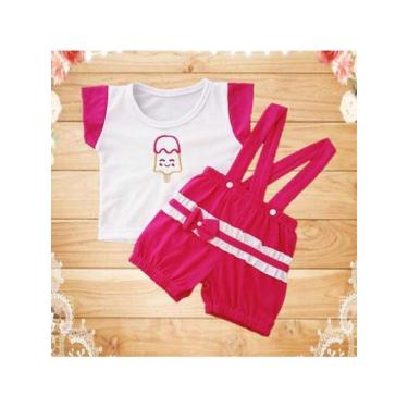 Imagem de Conjunto Macacão Curto Jardineira + Camiseta Bordada Bebe Menina RN ou