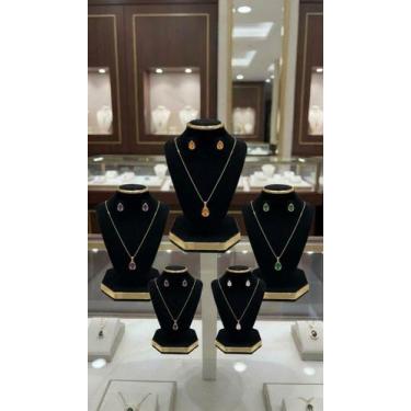 Imagem de Conjunto Colar + Brinco Gota Aço Inox 45cm  Várias Cores de Pedra Zirc