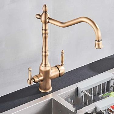 Imagem de Torneira de filtro de cozinha ouro água pura 360 rotação pia de cozinha guindaste de alça dupla dupla função de água torneiras misturadoras de filtro, bronze antigo, China