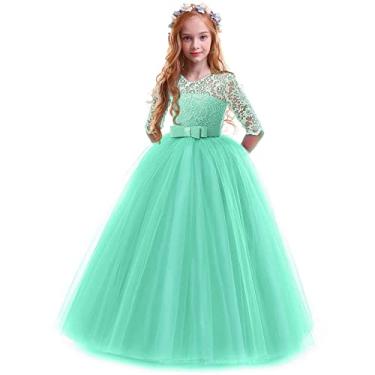 Imagem de Vestido de festa infantil com laço de princesa para casamento, vestido de ombro frio formal infantil (verde, 150)
