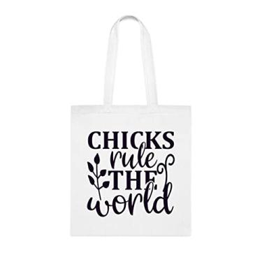 Imagem de Sacola Chicks Rule The World, presente para amantes de pintinhos, bolsa de ombro de pintinho, sacos reutilizáveis para pintinhos, ideia de presente de cesta de Natal de aniversário, Branco
