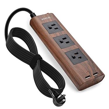 Imagem de Faixa de energia para desktop de 3 m com USB, cabo de extensão marrom plugue plano JACKYLED Protetor de sobretensão vintage 3 saídas extensor de tomada elétrica retardante de fogo USB estação de carregamento de nogueira grão de madeira