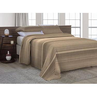 Imagem de Cobre Leito Solteiro Com Fronha 2 Peças Tecido Piquet Algodão Listrado Bege e Tabaco