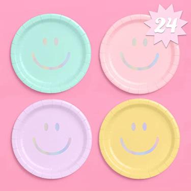 Imagem de xo, Fetti Pratos de papel sorridente - 24 pk, 23 cm | Decorações de festa de aniversário pastel feliz, festa de despedida de solteira fofa, pratos de bolo legais