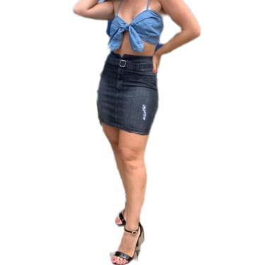 Imagem de Saia Feminina Destroyed Jeans Cintura Alta Com Cinto Oferta