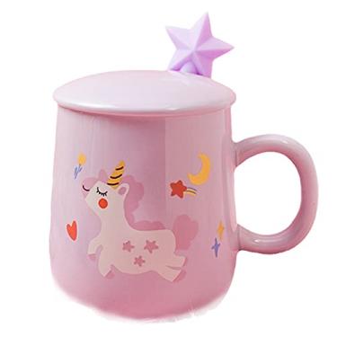 Imagem de Caneca de unicórnio com colher de tampa 3D linda xícara de chá de café de cerâmica conjunto de canecas de casal presente de aniversário para mulheres amantes de amigos (estrela de unicórnio, roxo, 400 ml)