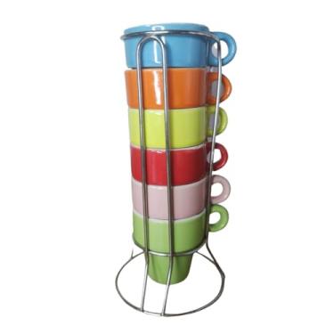 Imagem de Conjunto 6 Xícaras Coloridas de Cerâmica para Café com Suporte Inox 50ml