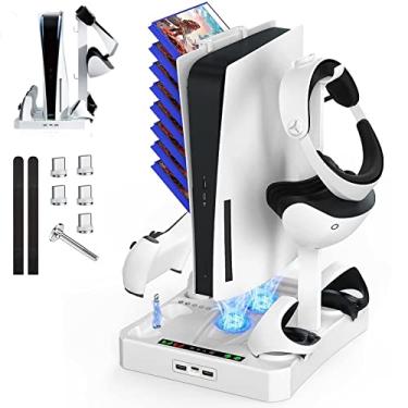 Imagem de Estação de resfriamento do suporte de exibição PS5 e PS VR2 com controlador duplo e estação de carregamento do controlador PSVR2, com gancho para fone de ouvido e suporte cartão de jogo