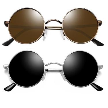Imagem de Óculos de Sol Joopin Redondos Masculinos e Femininos Polarizados,John Lennon Pequeno Círculo Hippie Vintage Retrô Steampunk Armação de Metal com Proteção UV (Prata Preto+Bronze Marrom)