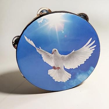 Imagem de 1 Pç Pandeiro Pomba Bíblia Dupla Fila Jingle Pandeiro para Adultos, Instrumento de Percussão de Tambor de Bíblia de Mão de Madeira (Azul)