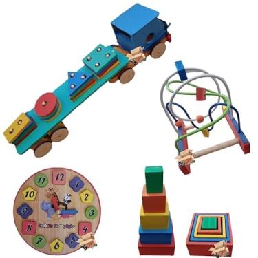 Imagem de Kit Brinquedo Pedagógico Em Madeira Carreta Prancha Sel + Relógio + Aramado M + Cubo De Encaixe