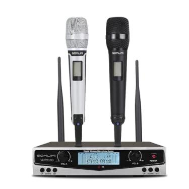 Imagem de SOMLIMI original Sistema de Microfone Sem Fio Profissional 2 Canais Microfone Dinâmico Cantar Performance Palco Festa Família KTV Show Rap Karaoke DJ Wedding Church Lecture (9100-Black+White)