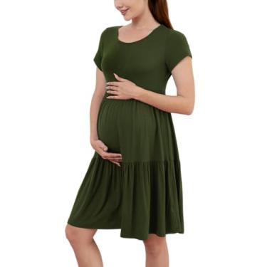 Imagem de PARNIXS Vestido feminino de verão de manga curta para gestantes patchwork roupas de gravidez, Verde militar, G