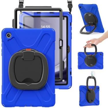 Imagem de BRAECN Capa Samsung Galaxy Tab A9 Plus 2023 2023 SM-X210/X216/X218, capa de silicone resistente com protetor de tela, pega, suporte giratório, alça de ombro para Samsung Tab A9+, azul