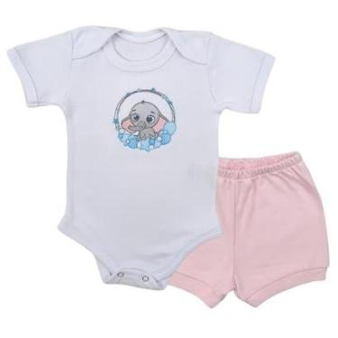 Imagem de Conjunto Body Manga Curta Bordado Elefantinho e Short Tapa Fralda - Roupa Bebê Menina-Masculino