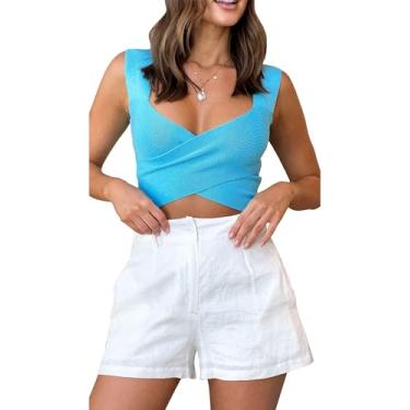 Imagem de Fashionme Regatas femininas 2024 modernas gola V wrap cropped de malha cruzada verão slim fit camisas cami, Azul, M