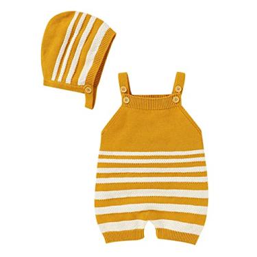 Imagem de Macaquinho para bebês meninos e meninas, roupas para outono e inverno, suéter de malha, suspensórios, macacão e chapéu, 0 a 18 meses, Amarelo, 3-6 Meses