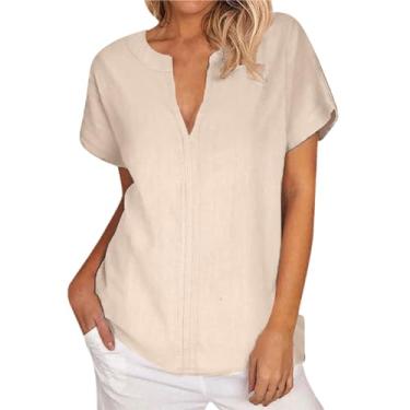 Imagem de Camisas de linho para mulheres, casual, folgada, básicas, gola V, manga curta, túnica 2024 para trabalho de verão, Bege, GG