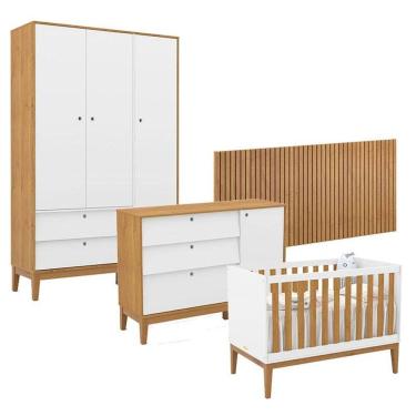 Imagem de Quarto de Bebê Unique 3 Portas com Cômoda Sapateira e Painel Ripado Branco Soft Freijó Eco Wood - Matic