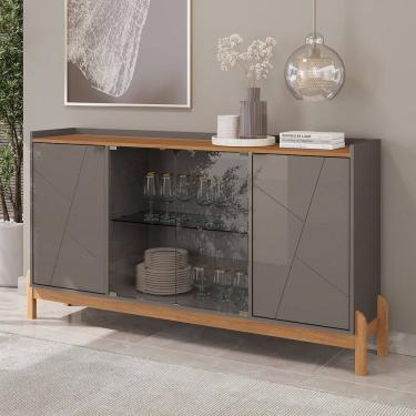 Imagem de Aparador Buffet Bari 04 Portas c/ Vidro Cinza Pérola Cedro Casa D