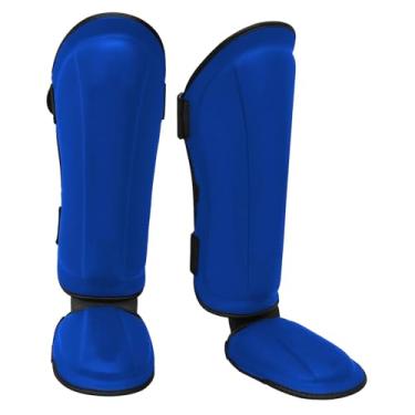 Imagem de YIJU Muay thai caneleiras proteção do peito do pé perna equipamento de boxe guardas do pé caneleira protetor do peito do pé para sparring artes marciais, Azul M 38cmx18cm