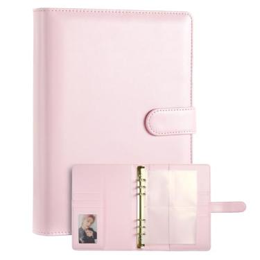 Imagem de Fichário A5 Kpop Photocard, páginas recarregáveis de couro PU, capa organizadora de 6 anéis com 10 páginas de bolso e 1 conjunto de tabelas, agenda pessoal com fivela magnética (rosa)