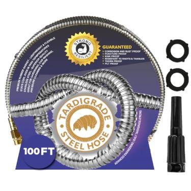 Imagem de Tardigrade Steel Hose - Mangueira de jardim de 30 m - Feita de metal - Aço inoxidável resistente - Mangueiras de água ao ar livre, flexível, leve, latão, à prova de esmagamento de cães, sem torção,