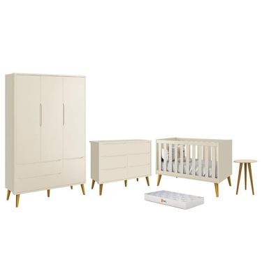 Imagem de Dormitório Infantil Theo 3 Portas, Cômoda 6 Gavetas, Berço, Mesa de Canto com Pés Amadeirado e Colchão - Reller Móveis