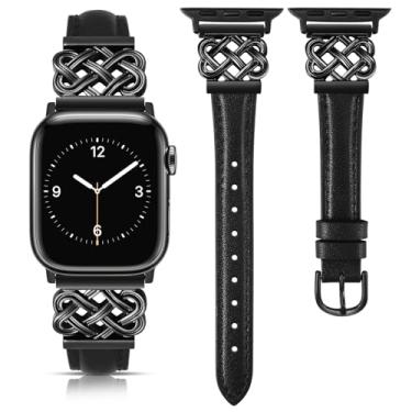 Imagem de TOYOUTHS Pulseira de couro feminina compatível com Apple Watch séries 10/9/SE/8/7/6/5/4/42 mm com fivela interloque de designer, preta