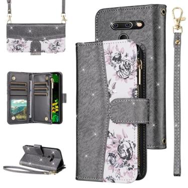 Imagem de Furiet Capa carteira floral para LG G8 ThinQ com fecho de correr e alça de ombro, suporte de cartão de couro PU com glitter de luxo para LGG8 Thin Q G 8 LG8 G8thinq LGG8thinq 8G Preto