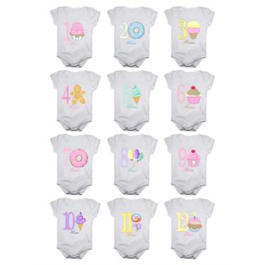 Imagem de Kit body bebê mesversario manga curta estampa docinhos 12 bodies 1 a 1