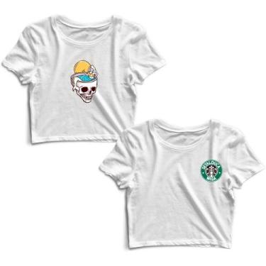 Imagem de Kit 2 Blusas Cropped Tshirt Feminina Caveira Sereia e Starbucks Frases