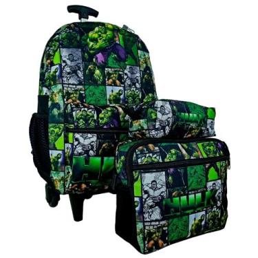 Imagem de kit mochila hulk carrinho lancheira estojo resistente Completo - pietr